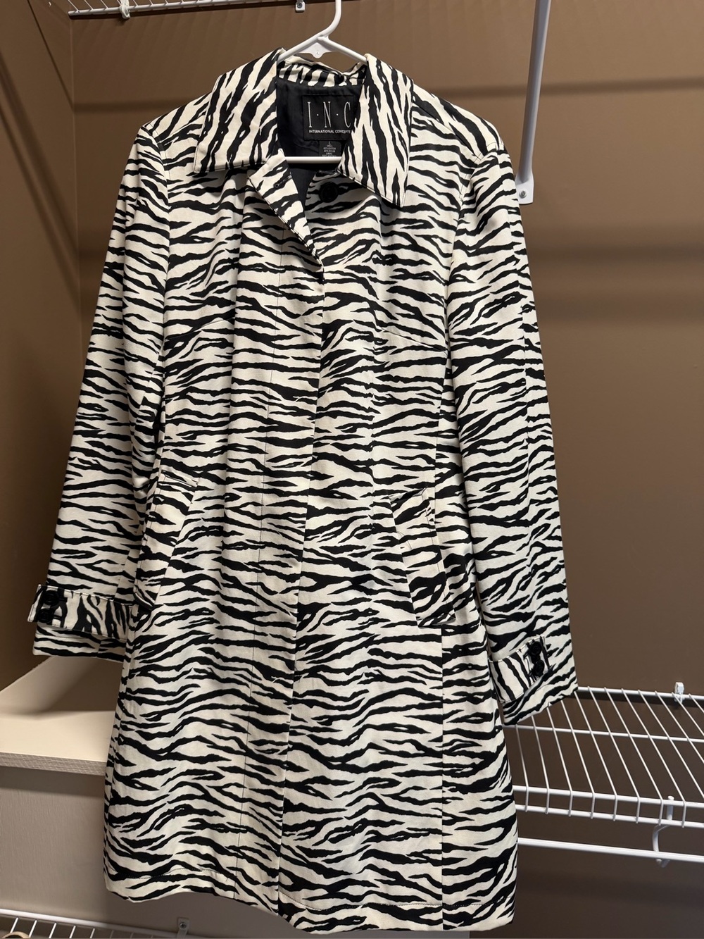 INC International Concepts Black and White Zebra-Print Trench Coat